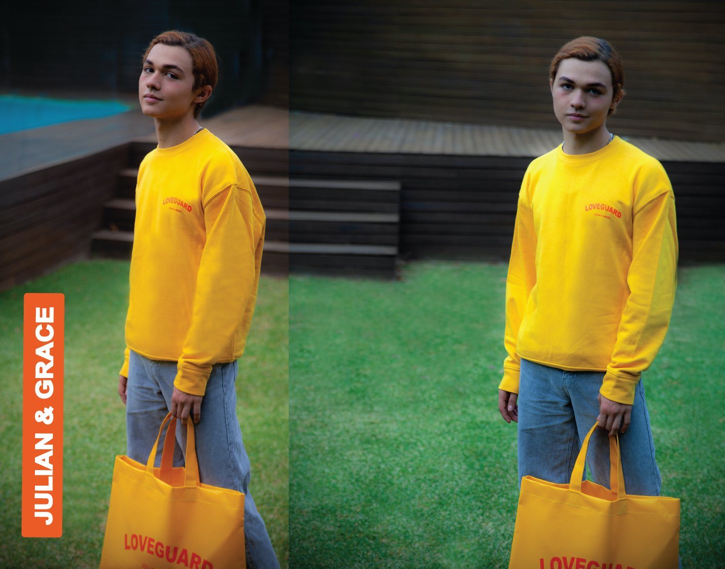 Julian em duas poses no jardim, de amarelo, com o saco tote